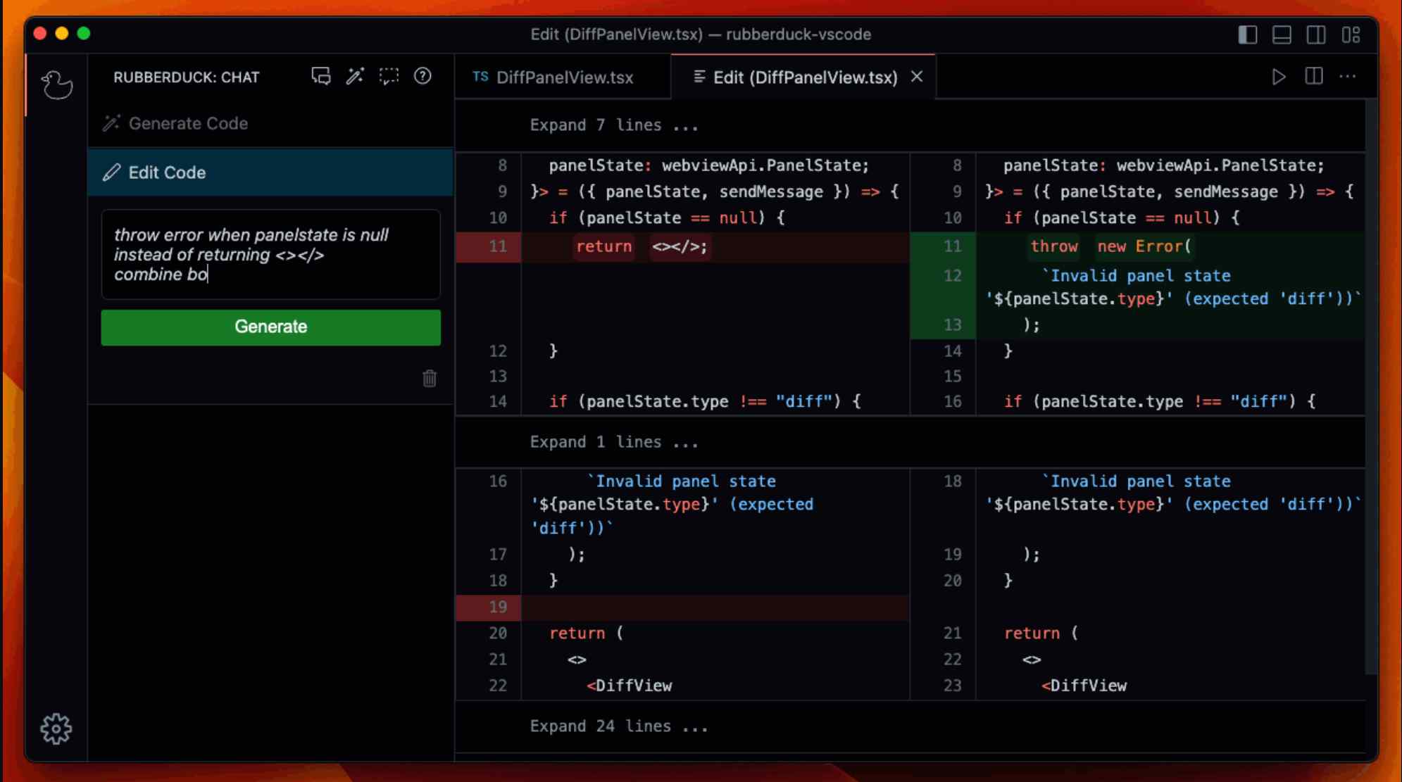 Rubberduck uses AI-powered code edits, code generation, error diagnosis, explanations, and chat in Visual Studio Code.